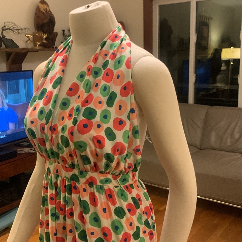 70 s OSCAR DE LA RENTA BOUTIQUE TIERED HALTER MAXI DRESS WITH ALLOVER DOTS PRINT - Picture 8 of 16